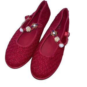 Cider FAUX PEARL & FLOWER DECOR‎ TWEED MARY JANE FLATS Red Size 39 US 8.5